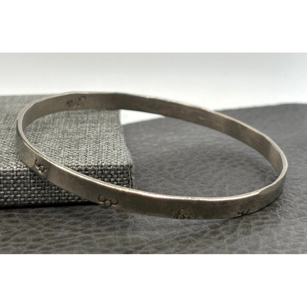 Vintage Mexico Silver Tone Hammered Bangle Bracelet Stamped Boho Design 8.25"